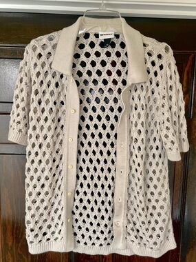 Off-White Crochet Short-Sleeve Button-Up Men’s Shirt, Open Knit Bohemian, Size M